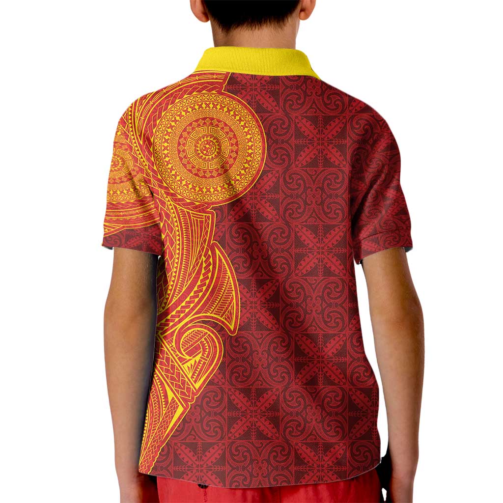 Niue Polynesian Hiapo Tattoo Art Kid Polo Shirt Half Style Red Yellow Color LT03 - Polynesian Pride