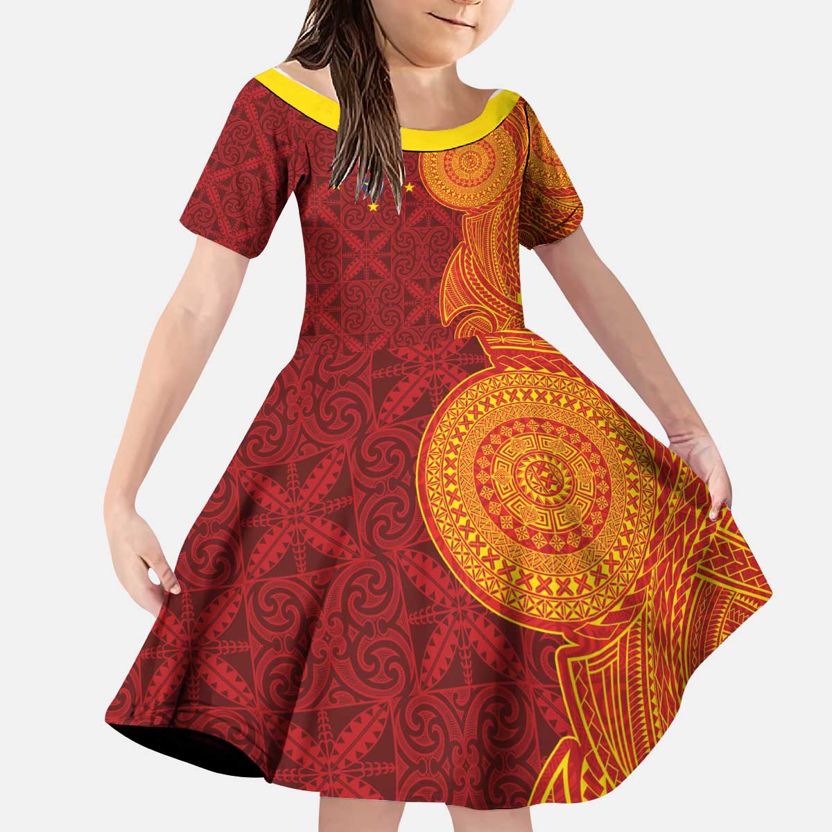 Niue Polynesian Hiapo Tattoo Art Kid Short Sleeve Dress Half Style Red Yellow Color LT03 KID Red - Polynesian Pride