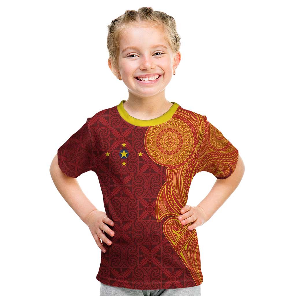 Niue Polynesian Hiapo Tattoo Art Kid T Shirt Half Style Red Yellow Color LT03 Red - Polynesian Pride