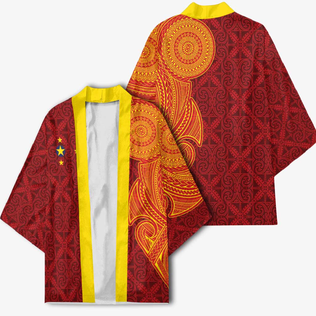 Niue Polynesian Hiapo Tattoo Art Kimono Half Style Red Yellow Color LT03 - Polynesian Pride