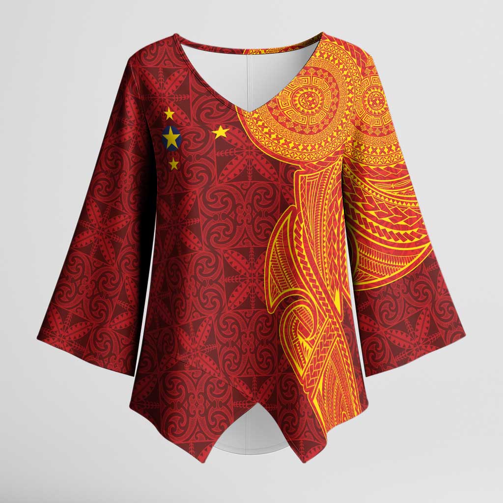Niue Polynesian Hiapo Tattoo Art Kimono Sleeve Blouse Half Style Red Yellow Color LT03 Female Red - Polynesian Pride