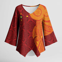 Niue Polynesian Hiapo Tattoo Art Kimono Sleeve Blouse Half Style Red Yellow Color LT03 Female Red - Polynesian Pride