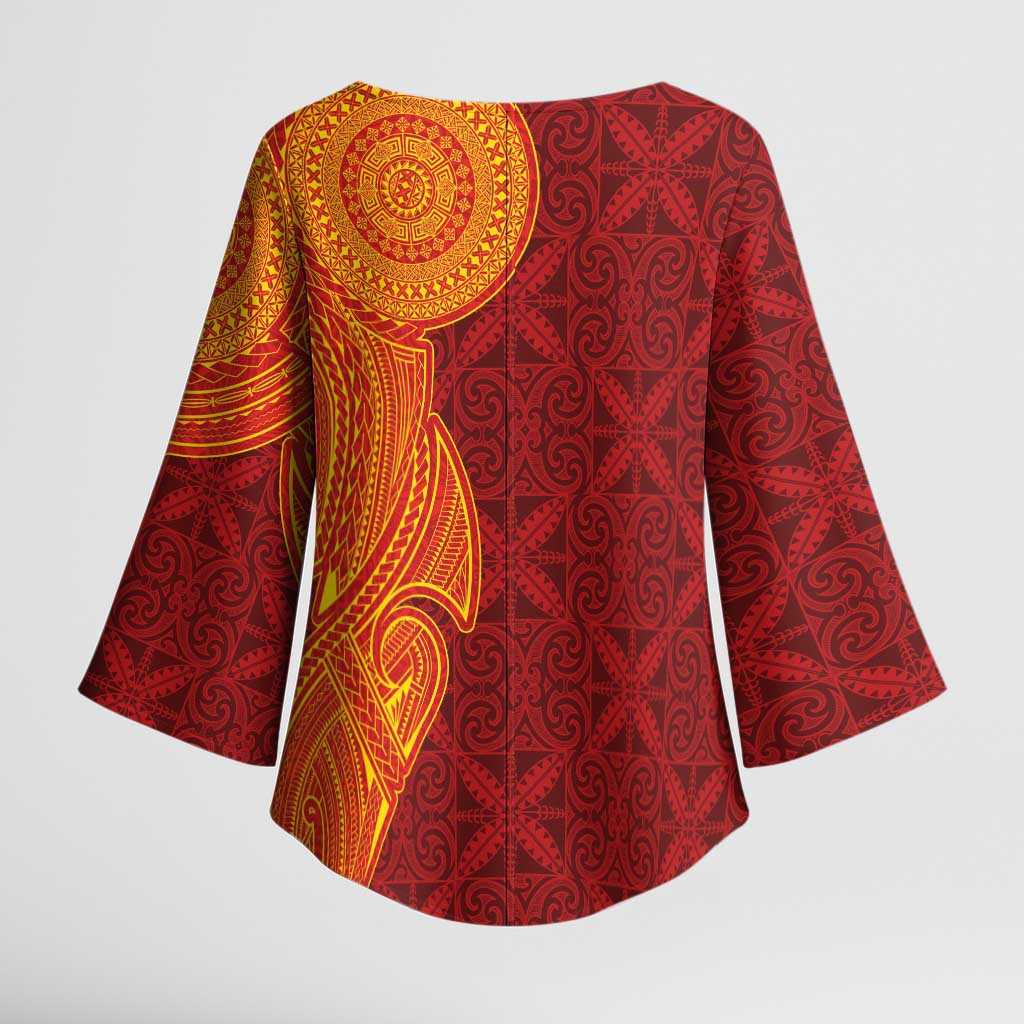 Niue Polynesian Hiapo Tattoo Art Kimono Sleeve Blouse Half Style Red Yellow Color LT03 - Polynesian Pride