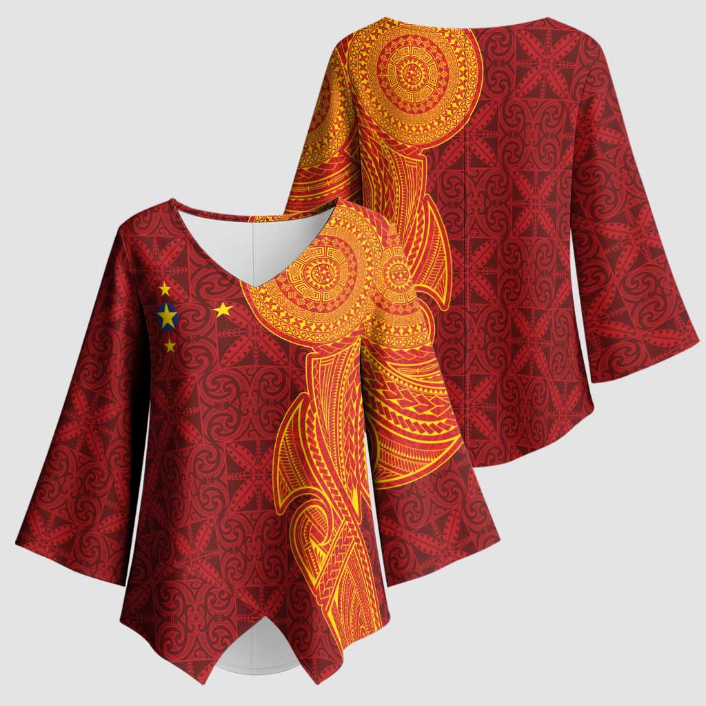 Niue Polynesian Hiapo Tattoo Art Kimono Sleeve Blouse Half Style Red Yellow Color LT03 - Polynesian Pride