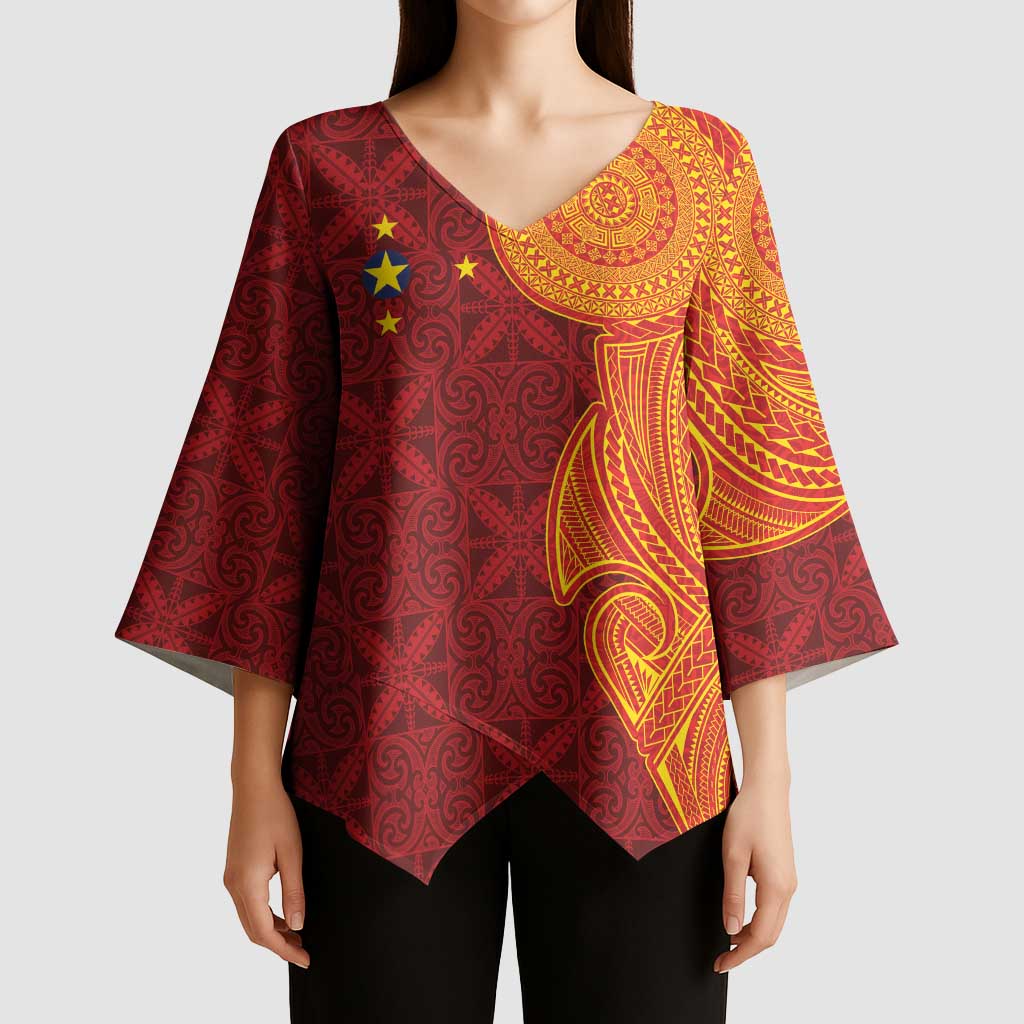 Niue Polynesian Hiapo Tattoo Art Kimono Sleeve Blouse Half Style Red Yellow Color LT03 - Polynesian Pride