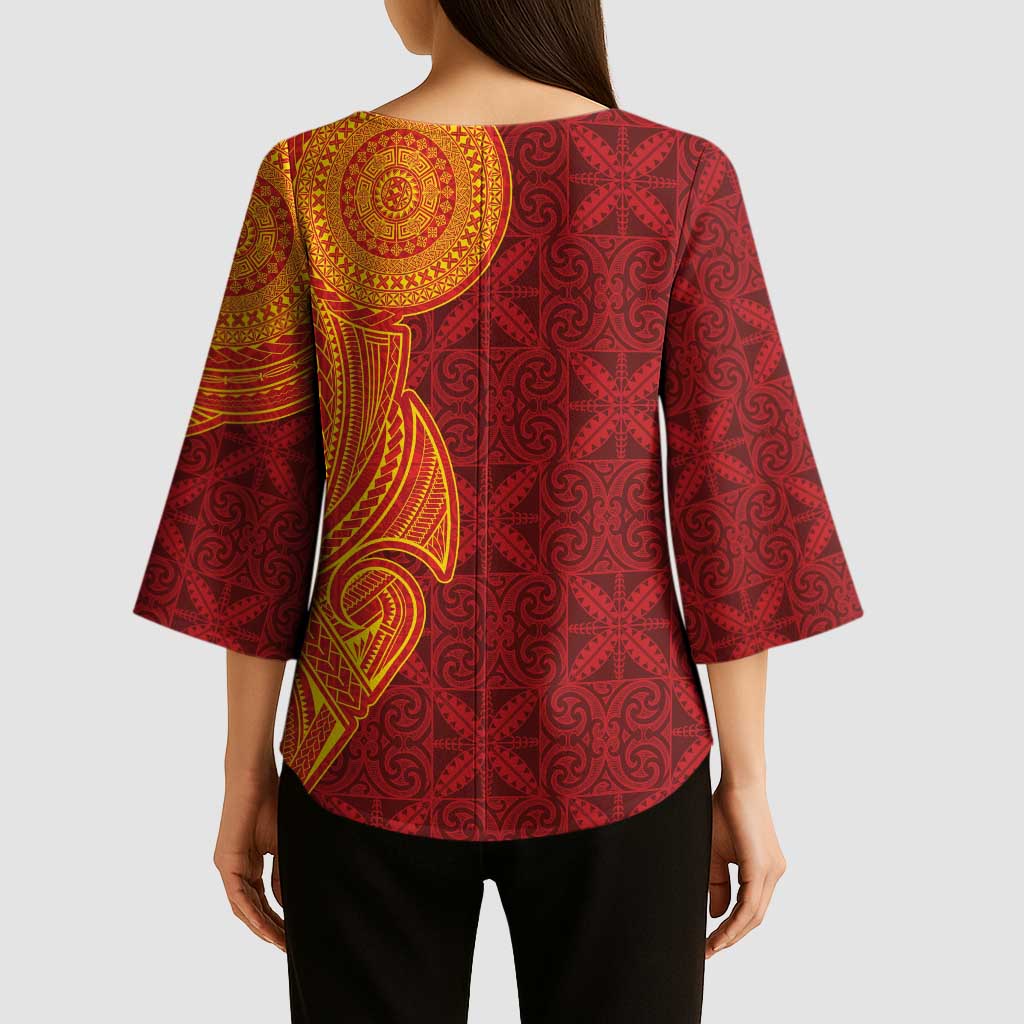 Niue Polynesian Hiapo Tattoo Art Kimono Sleeve Blouse Half Style Red Yellow Color LT03 - Polynesian Pride