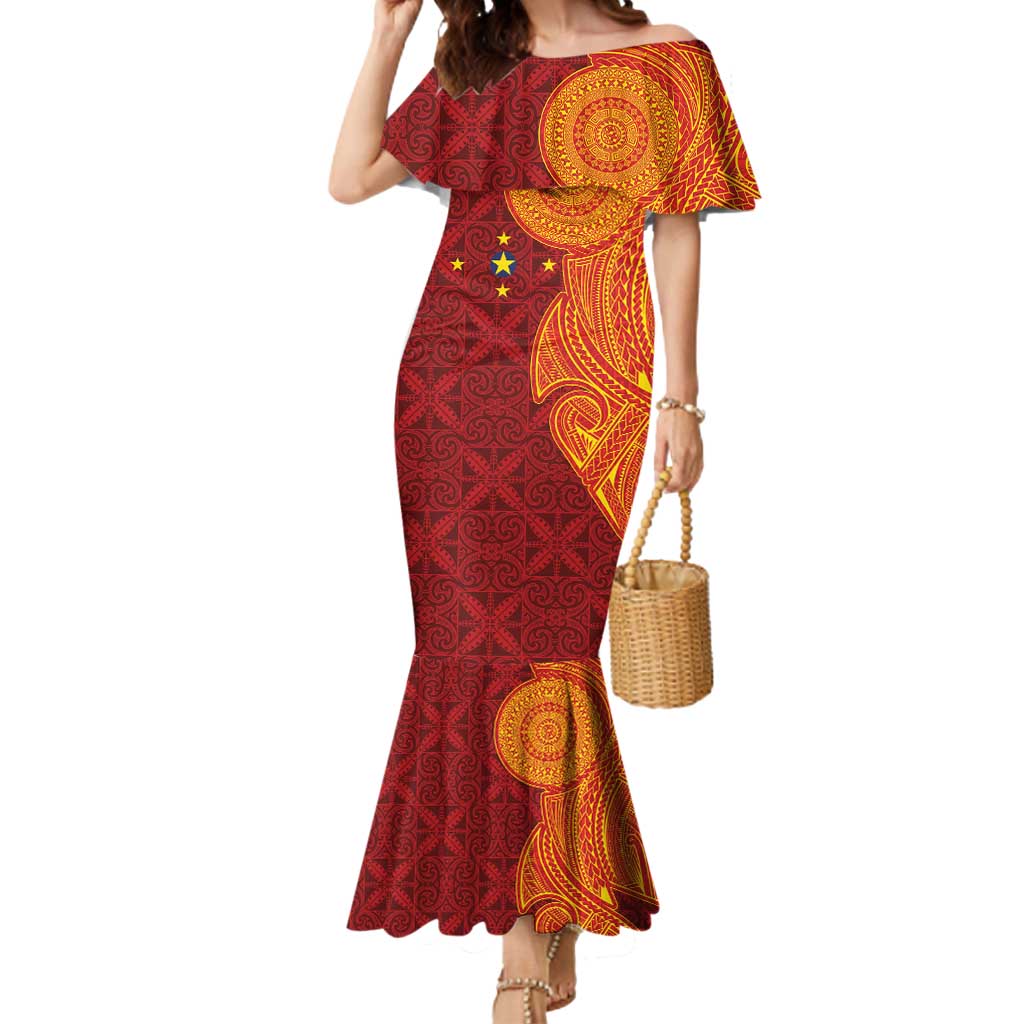 Niue Polynesian Hiapo Tattoo Art Mermaid Dress Half Style Red Yellow Color LT03 Women Red - Polynesian Pride