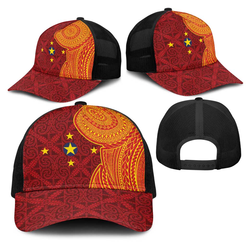 Niue Polynesian Hiapo Tattoo Art Mesh Trucker Cap Half Style Red Yellow Color LT03 - Polynesian Pride