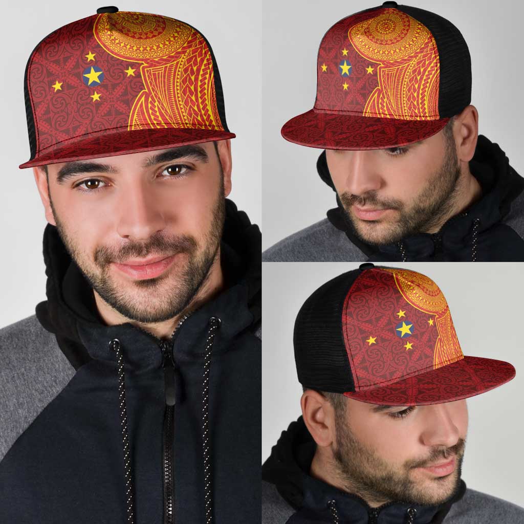 Niue Polynesian Hiapo Tattoo Art Mesh Trucker Cap Half Style Red Yellow Color LT03 - Polynesian Pride