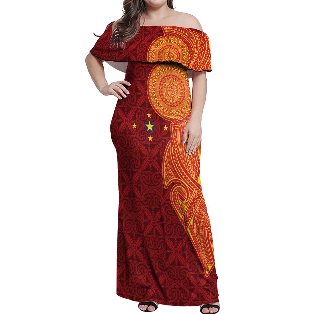 Niue Polynesian Hiapo Tattoo Art Off Shoulder Maxi Dress Half Style Red Yellow Color LT03 Women Red - Polynesian Pride