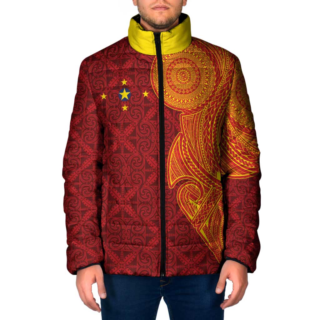 Niue Polynesian Hiapo Tattoo Art Padded Jacket Half Style Red Yellow Color LT03 Men Red - Polynesian Pride