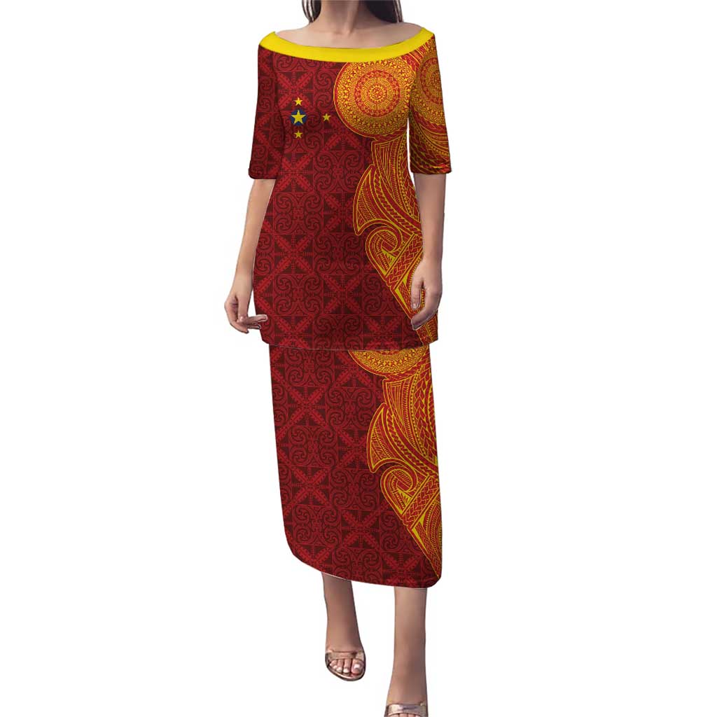 Niue Polynesian Hiapo Tattoo Art Puletasi Half Style Red Yellow Color LT03 Long Dress Red - Polynesian Pride