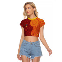 Niue Polynesian Hiapo Tattoo Art Raglan Cropped T Shirt Half Style Red Yellow Color LT03 Female Red - Polynesian Pride