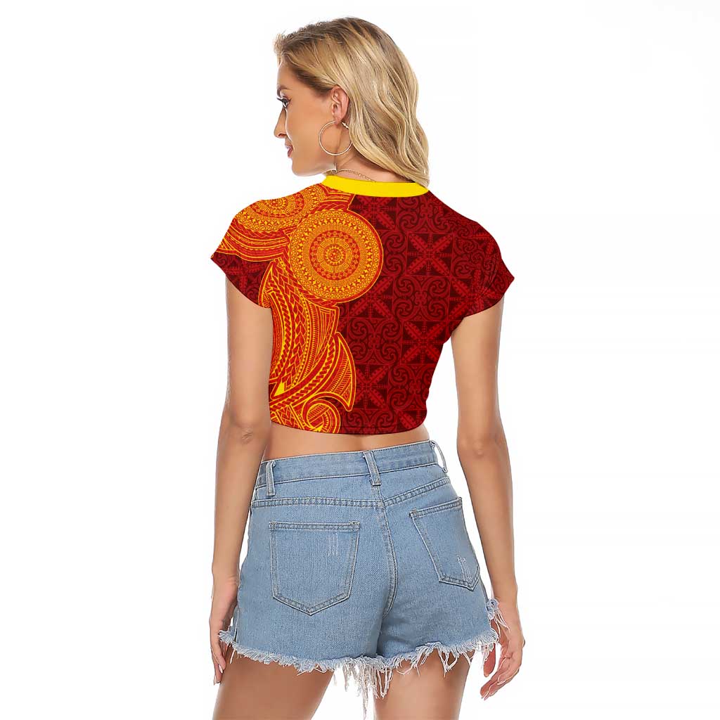 Niue Polynesian Hiapo Tattoo Art Raglan Cropped T Shirt Half Style Red Yellow Color LT03 - Polynesian Pride