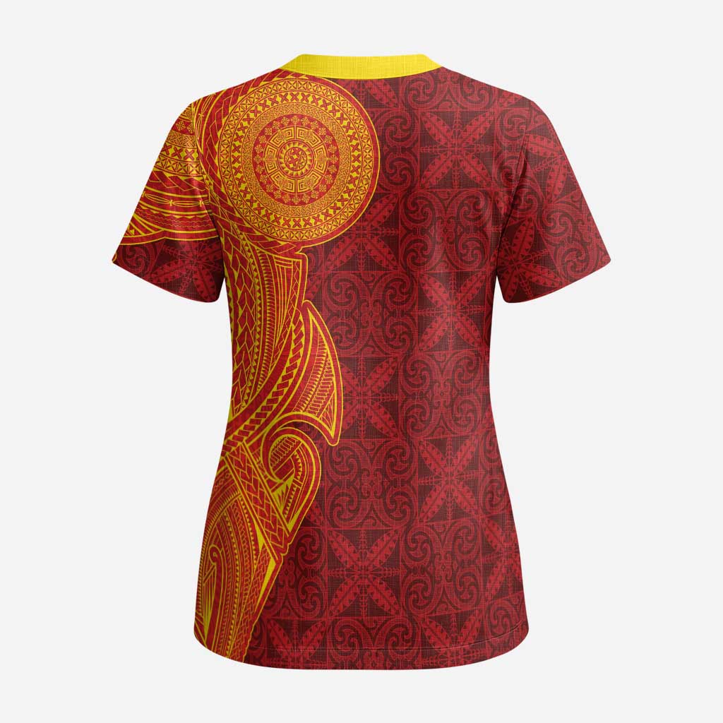 Niue Polynesian Hiapo Tattoo Art Scrub Top Half Style Red Yellow Color LT03 - Polynesian Pride