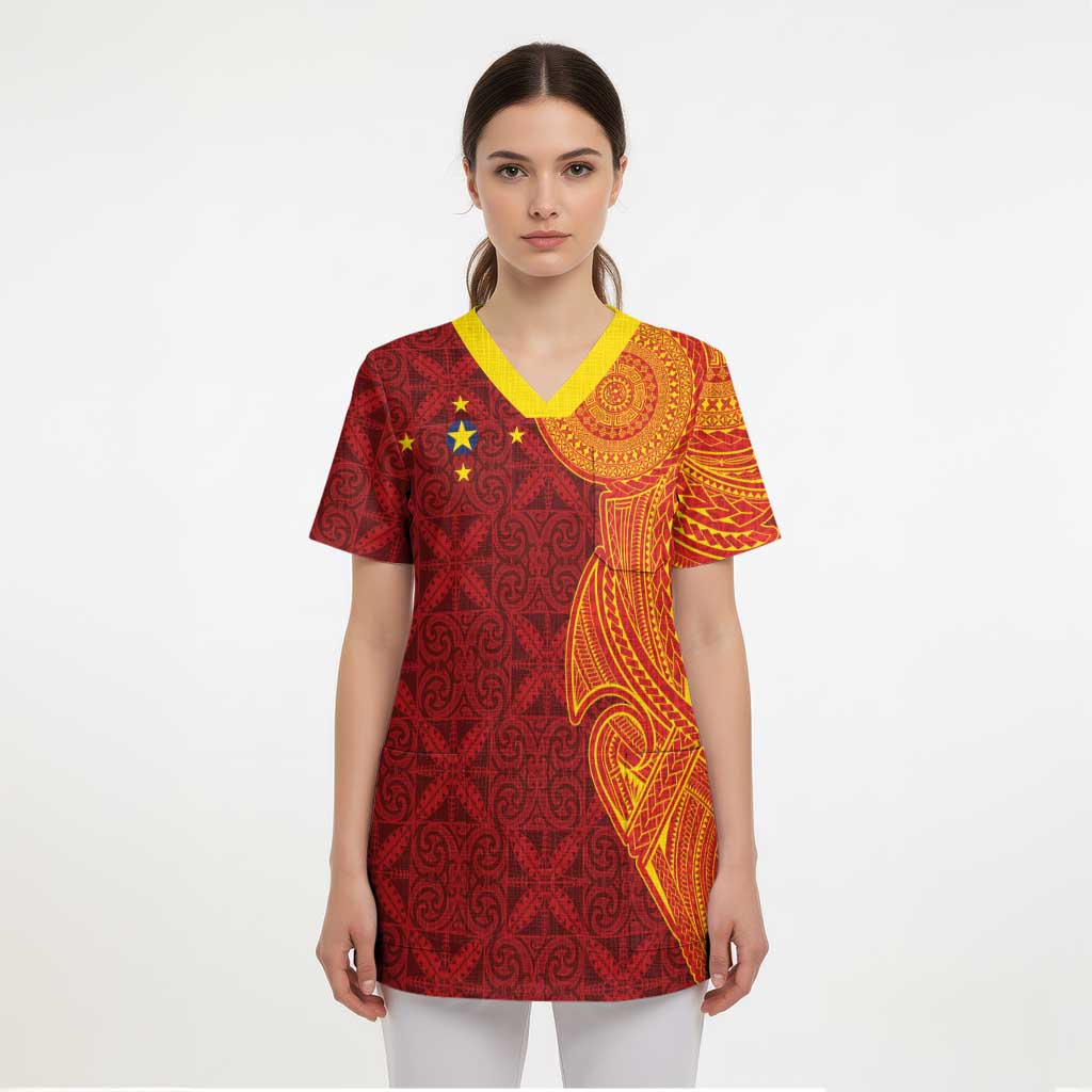 Niue Polynesian Hiapo Tattoo Art Scrub Top Half Style Red Yellow Color LT03 - Polynesian Pride