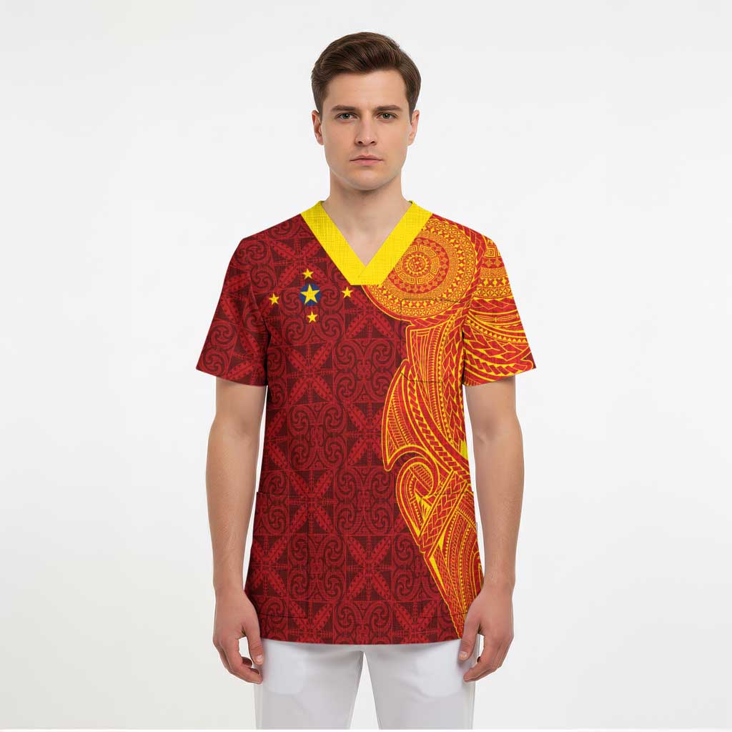 Niue Polynesian Hiapo Tattoo Art Scrub Top Half Style Red Yellow Color LT03 - Polynesian Pride