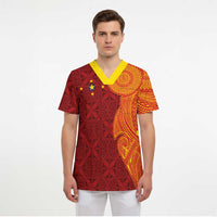 Niue Polynesian Hiapo Tattoo Art Scrub Top Half Style Red Yellow Color LT03 - Polynesian Pride