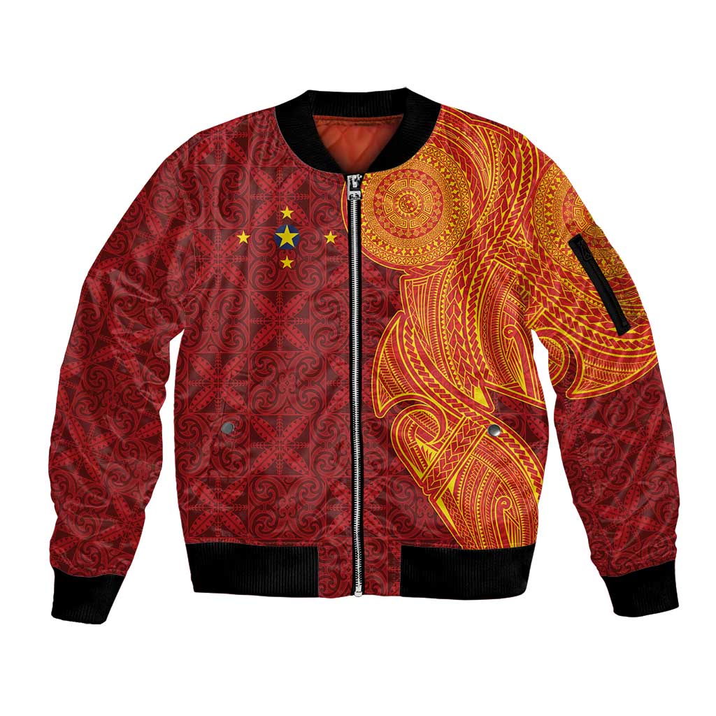 Niue Polynesian Hiapo Tattoo Art Sleeve Zip Bomber Jacket Half Style Red Yellow Color LT03 Unisex Red - Polynesian Pride