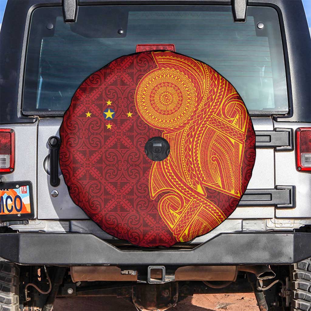 Niue Polynesian Hiapo Tattoo Art Spare Tire Cover Half Style Red Yellow Color LT03 Red - Polynesian Pride
