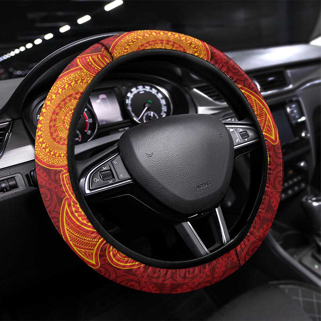 Niue Polynesian Hiapo Tattoo Art Steering Wheel Cover Half Style Red Yellow Color LT03 Universal Fit Red - Polynesian Pride