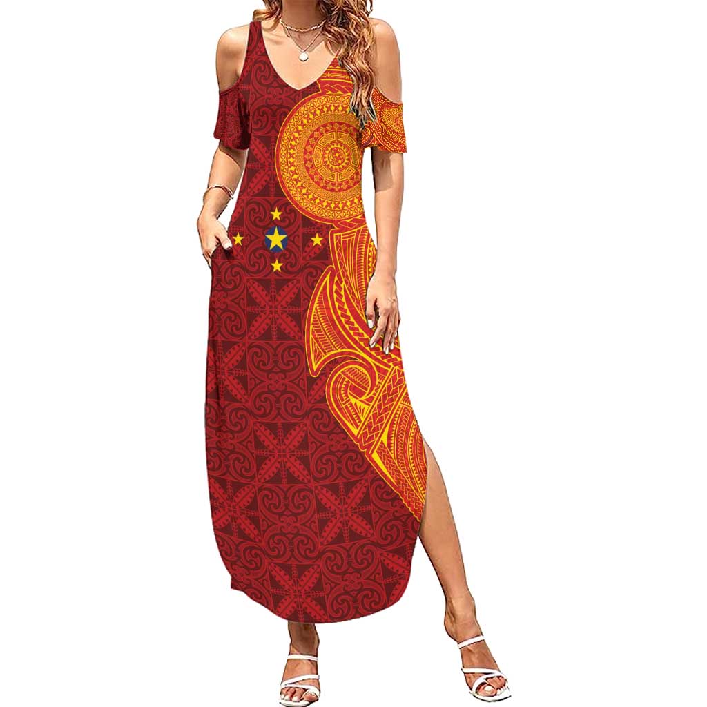 Niue Polynesian Hiapo Tattoo Art Summer Maxi Dress Half Style Red Yellow Color LT03 Women Red - Polynesian Pride