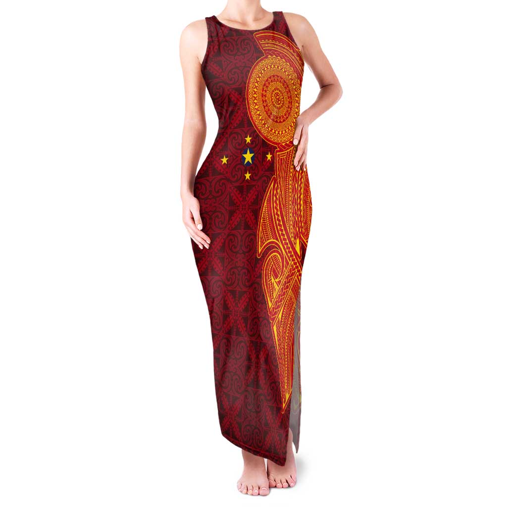 Niue Polynesian Hiapo Tattoo Art Tank Maxi Dress Half Style Red Yellow Color LT03 Women Red - Polynesian Pride