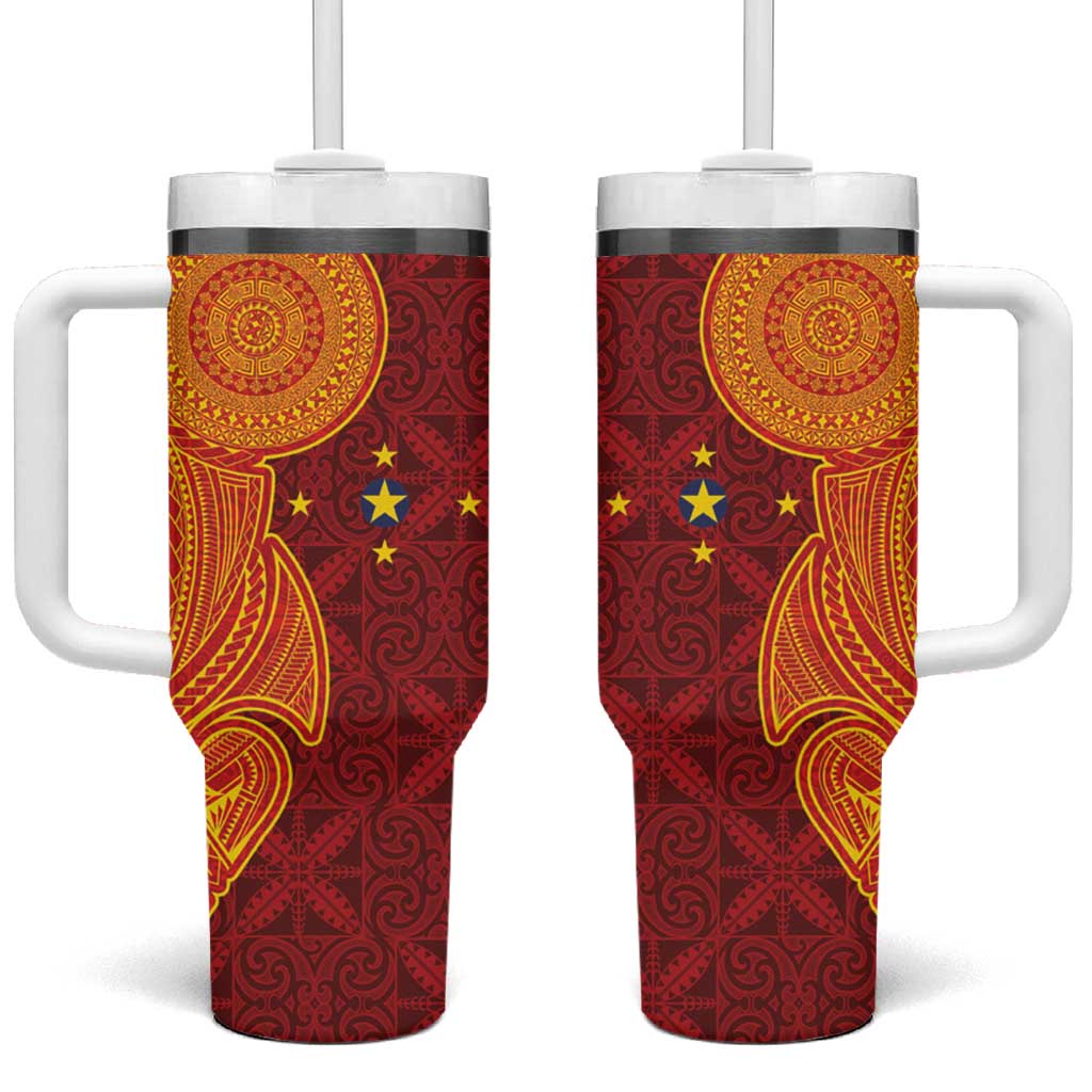 Niue Polynesian Hiapo Tattoo Art Tumbler With Handle Half Style Red Yellow Color LT03 One Size: 40 oz Red - Polynesian Pride