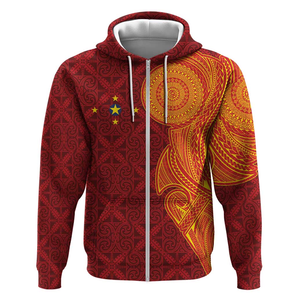 Niue Polynesian Hiapo Tattoo Art Zip Hoodie Half Style Red Yellow Color LT03 Zip Hoodie Red - Polynesian Pride