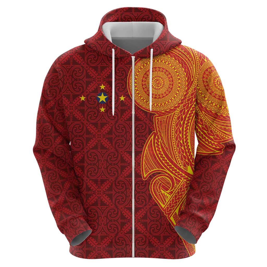 Niue Polynesian Hiapo Tattoo Art Zip Hoodie Half Style Red Yellow Color LT03 - Polynesian Pride