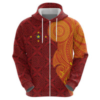 Niue Polynesian Hiapo Tattoo Art Zip Hoodie Half Style Red Yellow Color LT03 - Polynesian Pride
