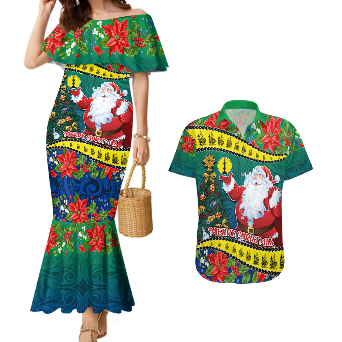 New Caledonia Christmas Couples Matching Mermaid Dress and Hawaiian Shirt Santa Claus and Kanak Flag Mix Poinsettia Maori Pattern LT03 Green - Polynesian Pride