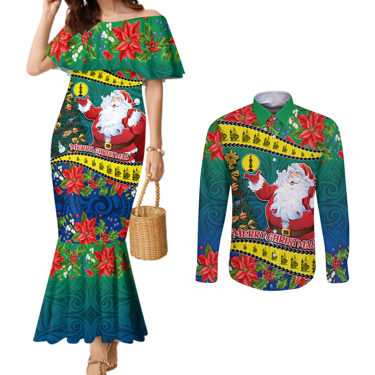 New Caledonia Christmas Couples Matching Mermaid Dress and Long Sleeve Button Shirt Santa Claus and Kanak Flag Mix Poinsettia Maori Pattern LT03 Green - Polynesian Pride