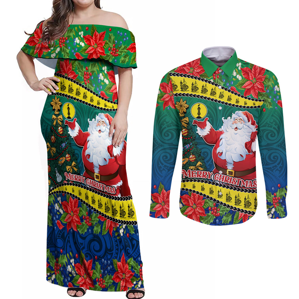 New Caledonia Christmas Couples Matching Off Shoulder Maxi Dress and Long Sleeve Button Shirt Santa Claus and Kanak Flag Mix Poinsettia Maori Pattern LT03 Green - Polynesian Pride