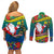 New Caledonia Christmas Couples Matching Off Shoulder Short Dress and Long Sleeve Button Shirt Santa Claus and Kanak Flag Mix Poinsettia Maori Pattern LT03 - Polynesian Pride