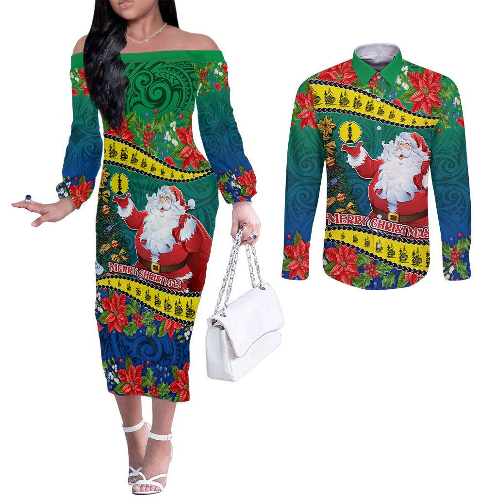 New Caledonia Christmas Couples Matching Off The Shoulder Long Sleeve Dress and Long Sleeve Button Shirt Santa Claus and Kanak Flag Mix Poinsettia Maori Pattern LT03 Green - Polynesian Pride