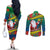 New Caledonia Christmas Couples Matching Off The Shoulder Long Sleeve Dress and Long Sleeve Button Shirt Santa Claus and Kanak Flag Mix Poinsettia Maori Pattern LT03 - Polynesian Pride