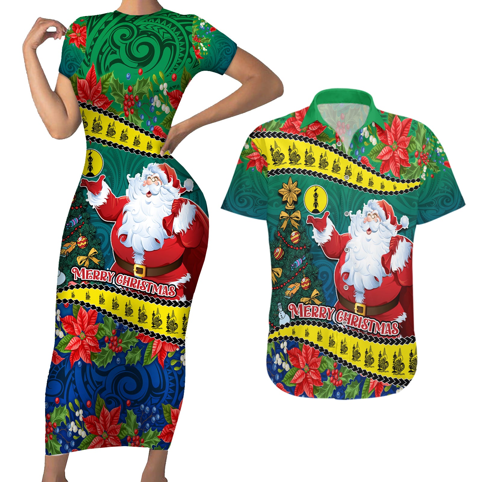 New Caledonia Christmas Couples Matching Short Sleeve Bodycon Dress and Hawaiian Shirt Santa Claus and Kanak Flag Mix Poinsettia Maori Pattern LT03 Green - Polynesian Pride