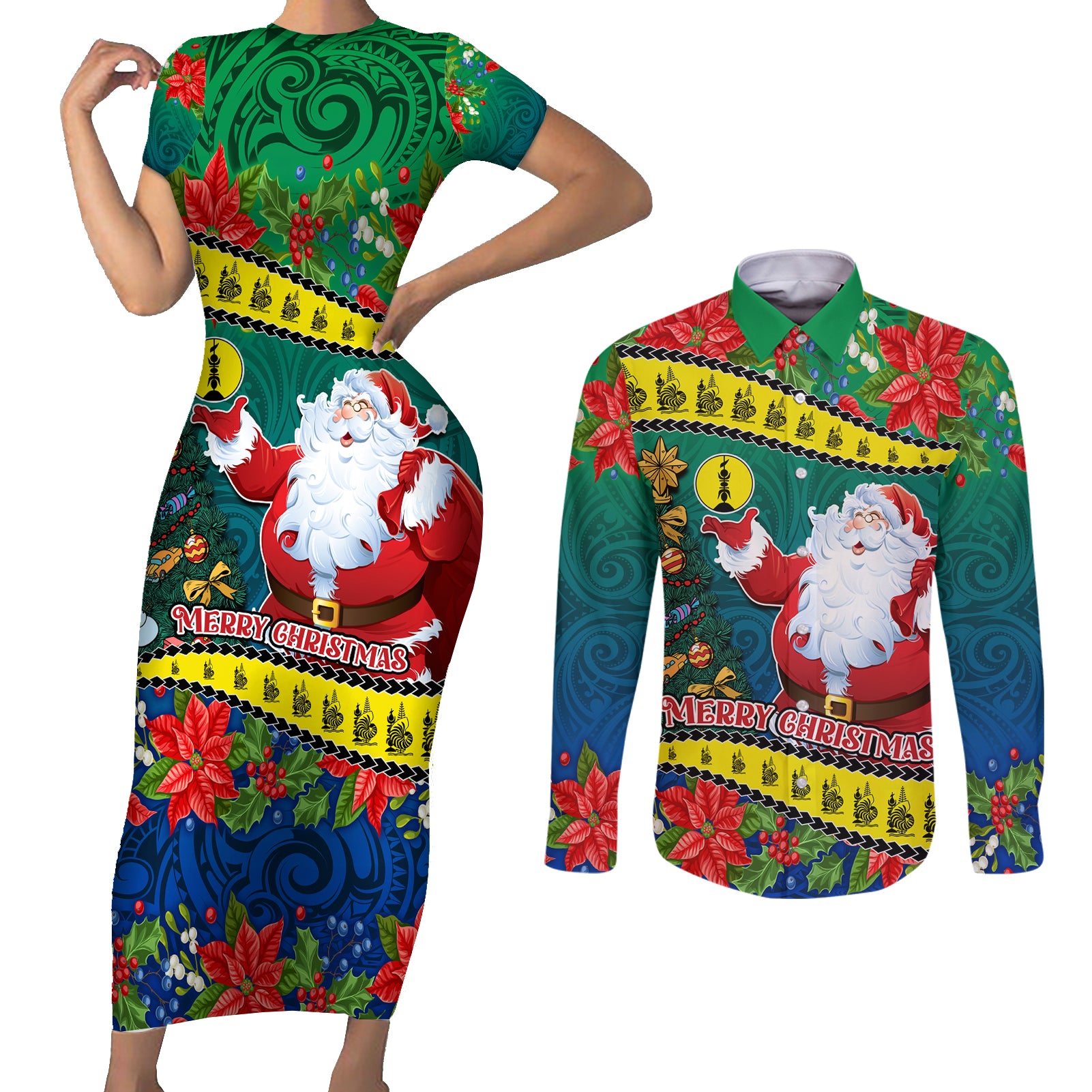 New Caledonia Christmas Couples Matching Short Sleeve Bodycon Dress and Long Sleeve Button Shirt Santa Claus and Kanak Flag Mix Poinsettia Maori Pattern LT03 Green - Polynesian Pride