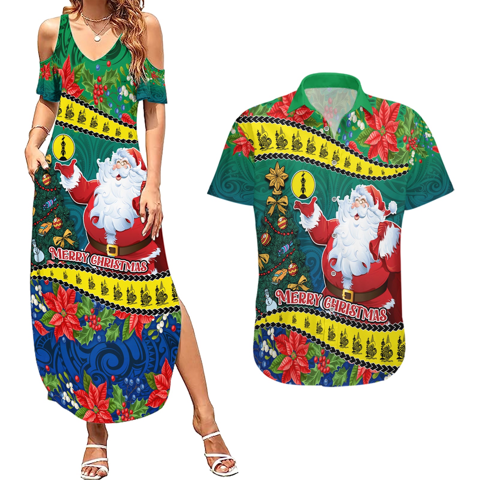 New Caledonia Christmas Couples Matching Summer Maxi Dress and Hawaiian Shirt Santa Claus and Kanak Flag Mix Poinsettia Maori Pattern LT03 Green - Polynesian Pride