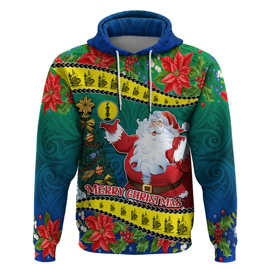 New Caledonia Christmas Hoodie Santa Claus and Kanak Flag Mix Poinsettia Maori Pattern LT03 Green - Polynesian Pride