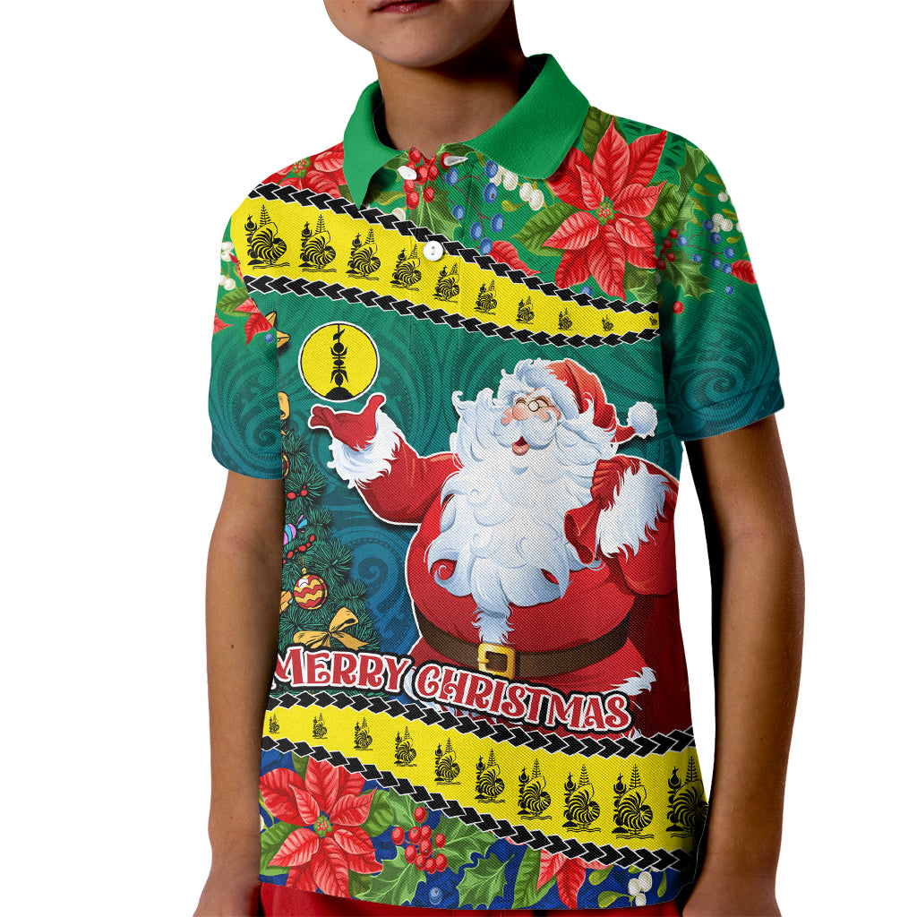 New Caledonia Christmas Kid Polo Shirt Santa Claus and Kanak Flag Mix Poinsettia Maori Pattern LT03 Kid Green - Polynesian Pride