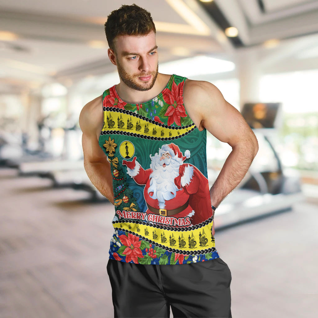 New Caledonia Christmas Men Tank Top Santa Claus and Kanak Flag Mix Poinsettia Maori Pattern LT03 Green - Polynesian Pride