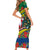 New Caledonia Christmas Short Sleeve Bodycon Dress Santa Claus and Kanak Flag Mix Poinsettia Maori Pattern LT03 - Polynesian Pride