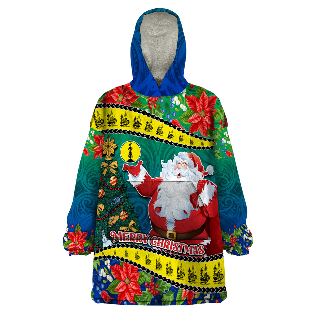 New Caledonia Christmas Wearable Blanket Hoodie Santa Claus and Kanak Flag Mix Poinsettia Maori Pattern LT03 One Size Green - Polynesian Pride