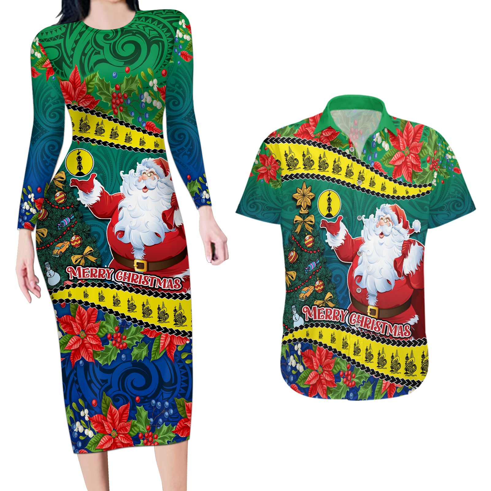 Personalised New Caledonia Christmas Couples Matching Long Sleeve Bodycon Dress and Hawaiian Shirt Santa Claus and Kanak Flag Mix Poinsettia Maori Pattern LT03 Green - Polynesian Pride