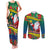 Personalised New Caledonia Christmas Couples Matching Tank Maxi Dress and Long Sleeve Button Shirt Santa Claus and Kanak Flag Mix Poinsettia Maori Pattern LT03 Green - Polynesian Pride