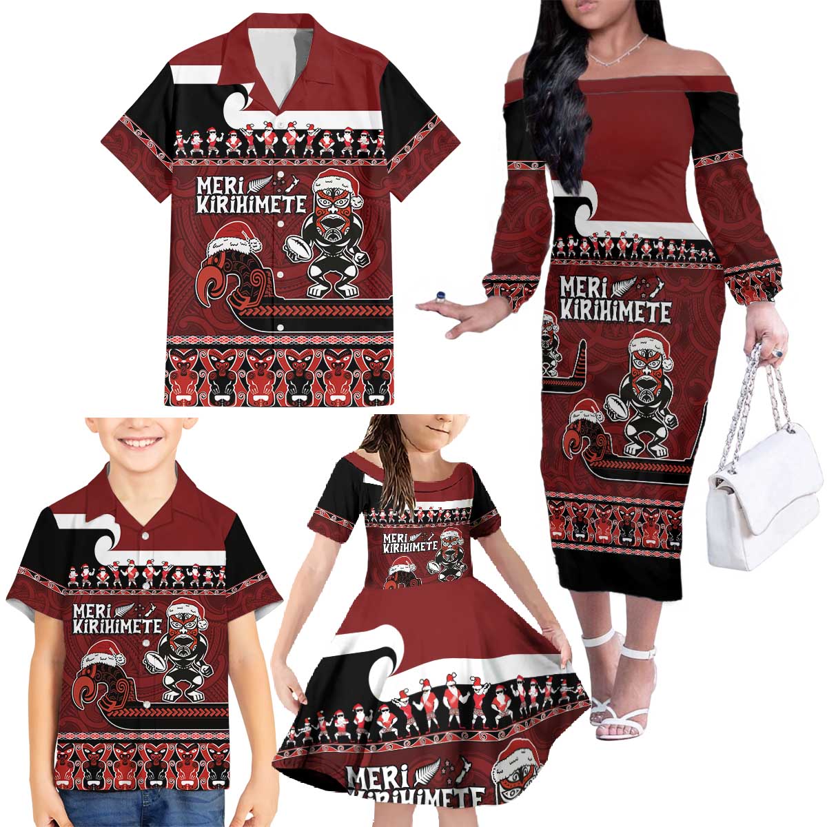 New Zealand Christmas Family Matching Off The Shoulder Long Sleeve Dress and Hawaiian Shirt Meri Kirihimete Aotearoa Warrior on Waka with Maori Art Tattoo