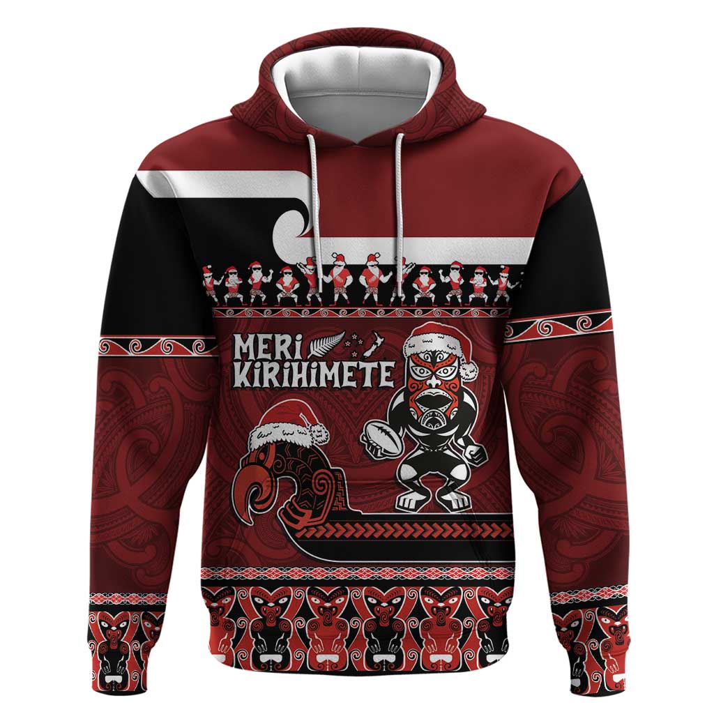 New Zealand Christmas Hoodie Meri Kirihimete Aotearoa Warrior on Waka with Maori Art Tattoo