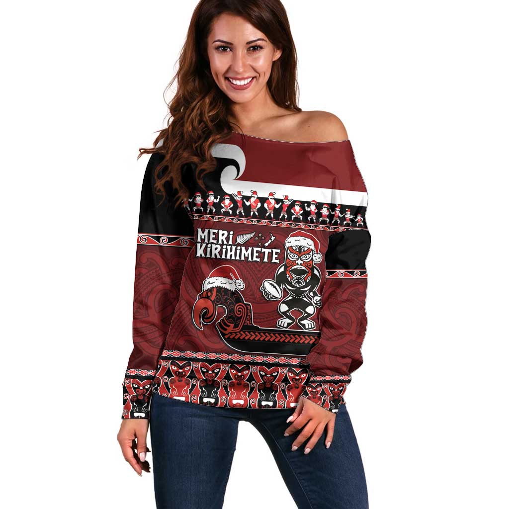 New Zealand Christmas Off Shoulder Sweater Meri Kirihimete Aotearoa Warrior on Waka with Maori Art Tattoo LT03 Women Red - Polynesian Pride